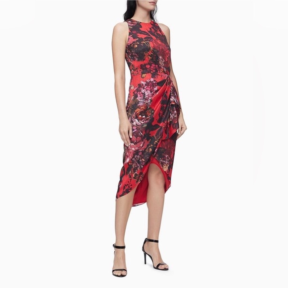 Calvin Klein Red Floral Sheath Dress Cascade Pleated Dark Romantic Wedding Midi - Picture 4 of 11